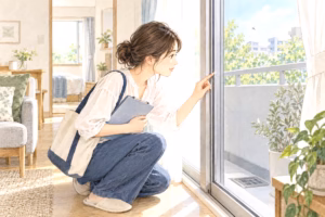 虫が苦手な人が内見で窓の網戸を確認しているイラスト