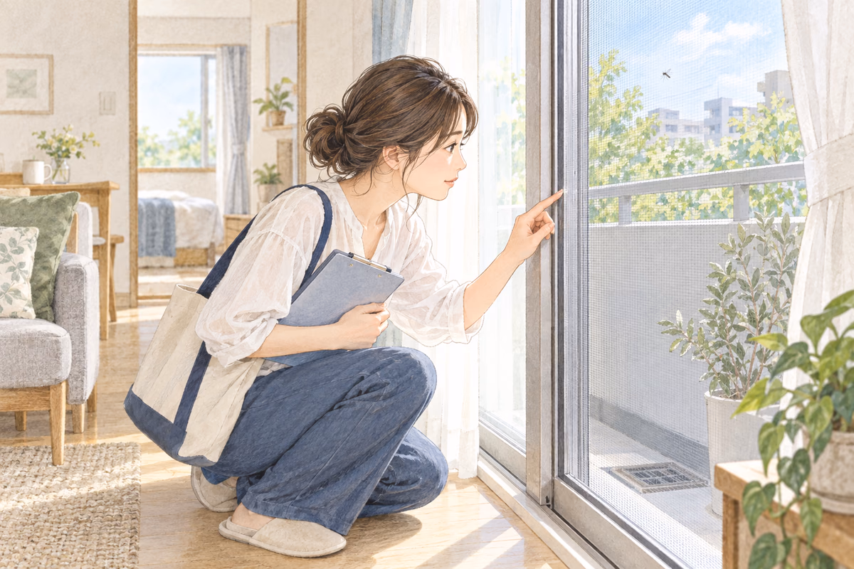 虫が苦手な人が内見で窓の網戸を確認しているイラスト