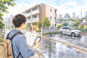 雨上がりの名古屋の賃貸住宅と駐車場を前に、ハザードマップを確認する人のイラスト