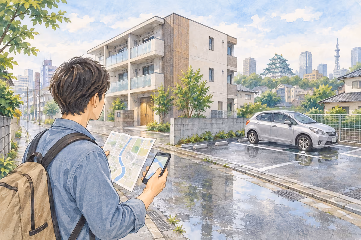 雨上がりの名古屋の賃貸住宅と駐車場を前に、ハザードマップを確認する人のイラスト