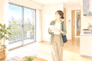 新築賃貸の内見で間取り図を見ながら、室内やバルコニーの仕様を確かめる人