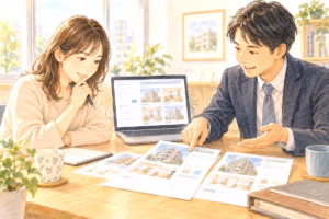 賃貸情報サイトの検索条件と募集資料を不動産会社と相談する様子のイラスト