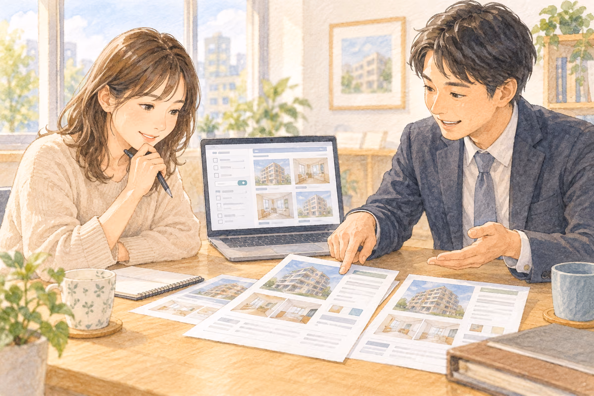 賃貸情報サイトの検索条件と募集資料を不動産会社と相談する様子のイラスト