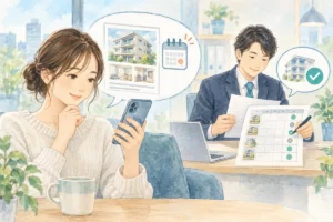 不動産情報サイトの物件情報と募集状況を確認する女性、情報を確認する不動産スタッフの水彩イラスト