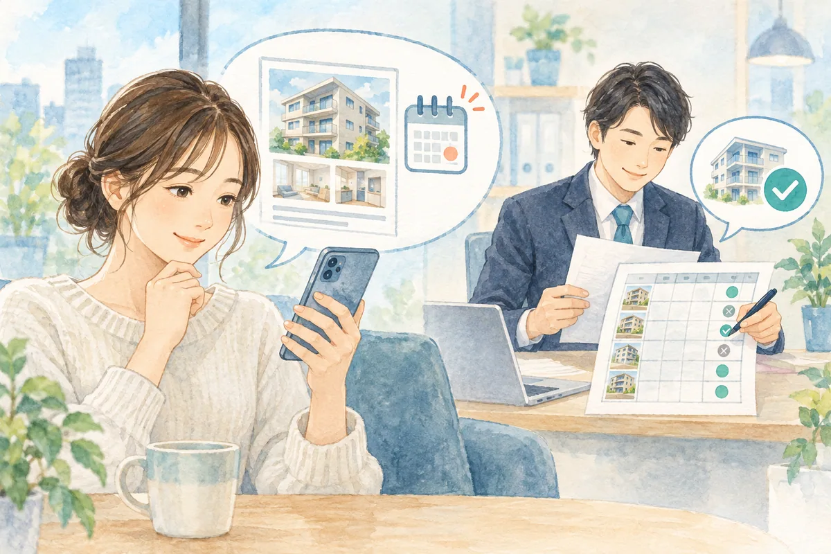 不動産情報サイトの物件情報と募集状況を確認する女性、情報を確認する不動産スタッフの水彩イラスト