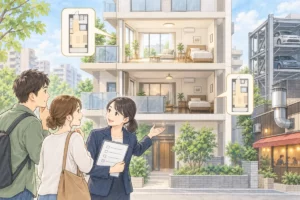 同じマンションの異なる部屋や機械式駐車場を、不動産スタッフが案内しているイラスト