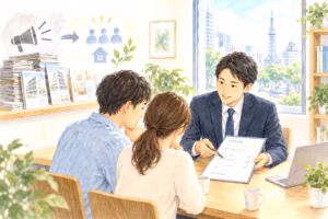 広告方法を検討しながら、仲介手数料無料の見積書をお客様に案内する不動産会社のイラスト