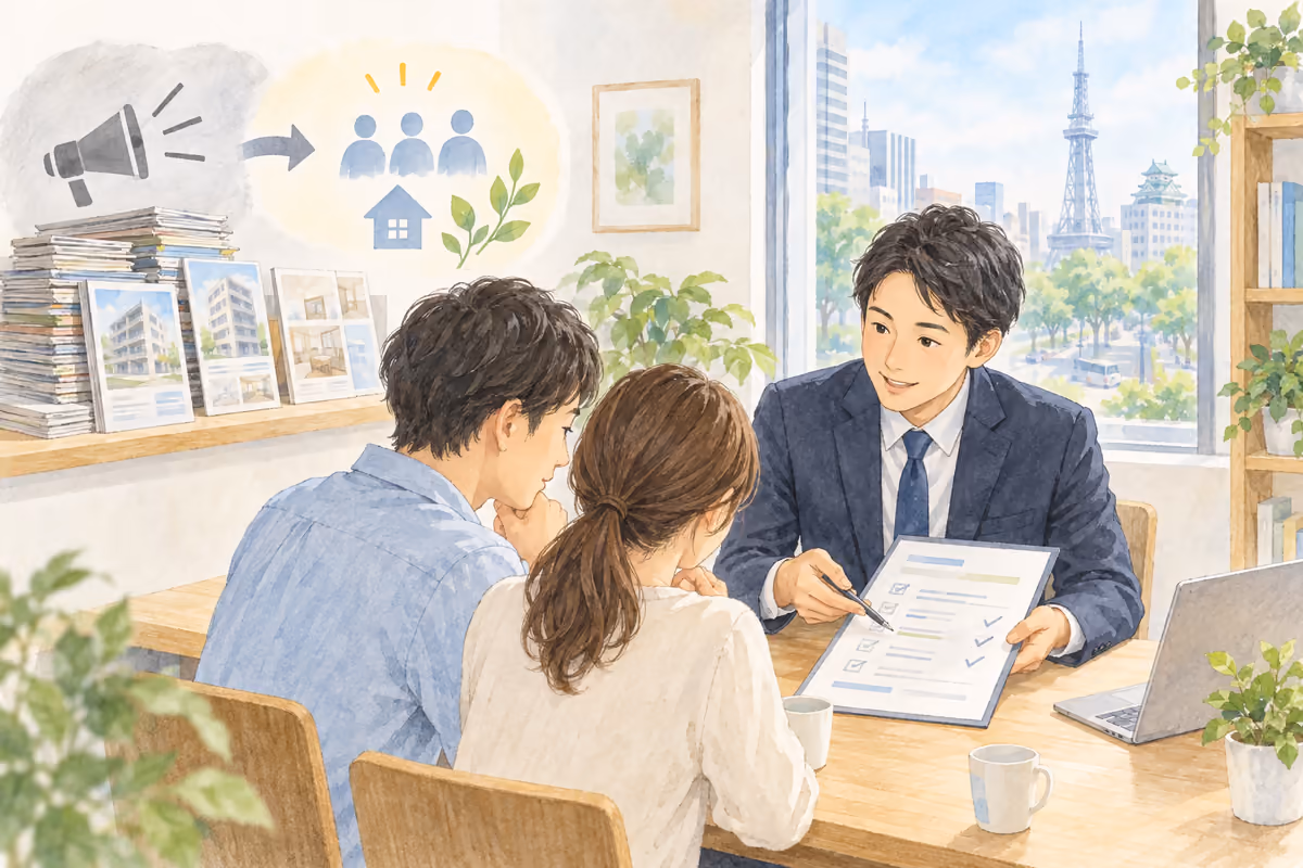 広告方法を検討しながら、仲介手数料無料の見積書をお客様に案内する不動産会社のイラスト